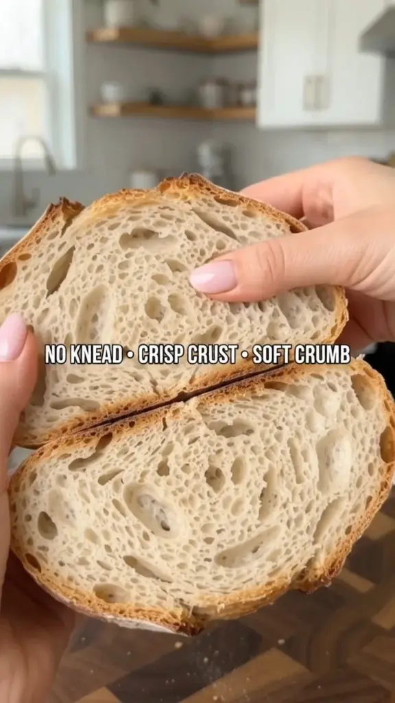 Freshly baked simple homemade no-knead bread on a wooden cutting board.